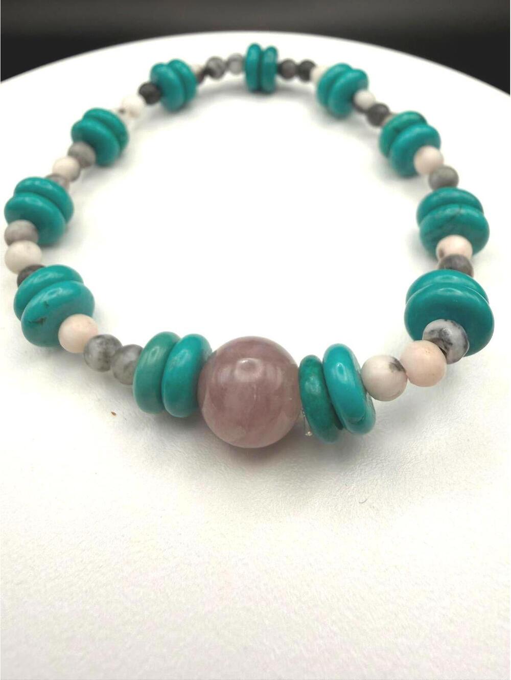 Rose Quartz, Pilot Mountain Turquoise & White Buffalo Stretchy Bracelet